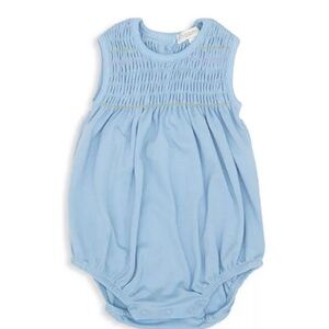 Noomie Shirred Bubble Romper Baby Girls 6-9 Months Light Blue Round Neck